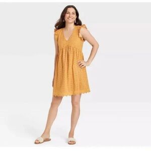 Knox Rose Mustard Yellow Eyelet Empire Waist Summer Dress Size XS